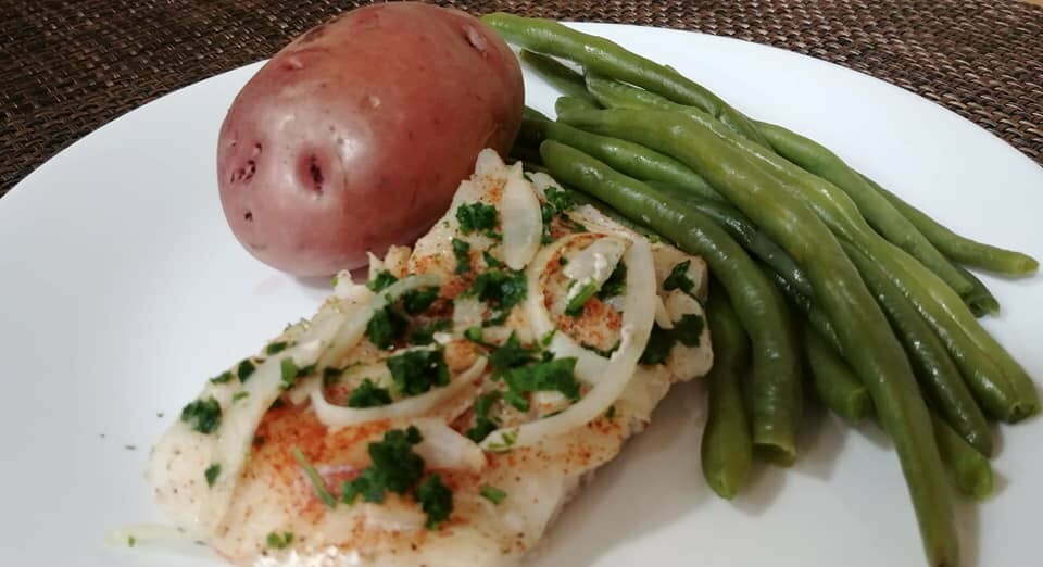 Lemon Baked Cod w/ Green Beans & Baked Potato