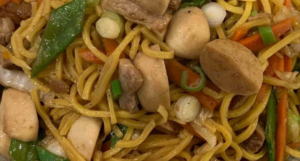 Pansit Canton with Fish Balls & Pork Belly Strips